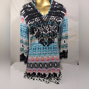 V Cristina Bohemian Bell Sleeve Tunic With Black Crochet Lapel And Hem Medium